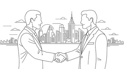 Two business professional shaking hands over a city skyline illustration design concept