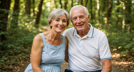 Happy senior couple smiling for a portrait in a forest. Mature man and woman enjoying an active retirement lifestyle outdoors