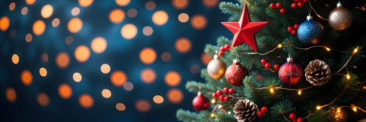 Obraz premium Beautifully decorated christmas tree with shiny red and gold ornaments and bokeh lights