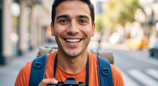 Happy young male tourist smiling at the camera. Man with a backpack and camera exploring a city street on vacation. Solo travel and adventure concept