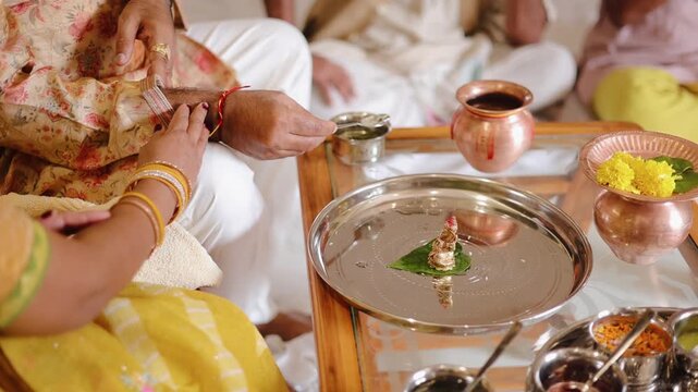 Authentic scene of a traditional Indian marriage vidhi, capturing sacred rituals performed around the holy fire (Agni) under a decorated mandap