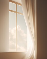 Minimal interior window scene with sheer curtain in cloud dancer style warm neutral tones.