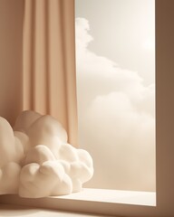Minimal interior window scene with sheer curtain in cloud dancer style warm neutral tones.