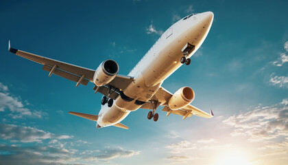 Commercial Passenger Airplane Taking Off Against Blue Sky at Golden Hour.