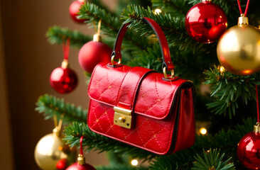 A red quilted handbag hangs elegantly on a Christmas tree decorated with gold and red Christmas tree ornaments, creating a festive and luxurious holiday atmosphere for the boutique.
