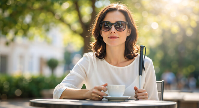 A visually impaired woman with a white cane sitting at an outdoor cafe table. Independent blind person relaxing with coffee in a city park. Accessibility and lifestyle concept