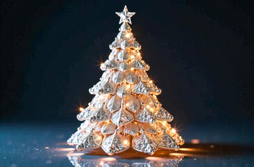 A decorative silver Christmas tree made of clear crystals, adorned with twinkling lights, intricate leaf patterns, on a dark background, creating a festive and enchanting holiday atmosphere.