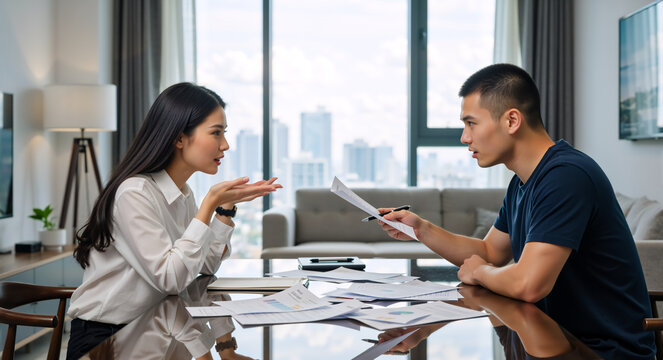 Serious asian couple discussing finances and reviewing documents at home. Man and woman having a disagreement about money and bills. Financial planning and relationship conflict