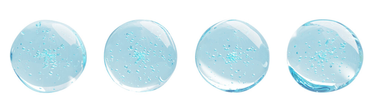 Clear liquid gel cosmetic spheres with bubbles 3d render icon set. Light blue water drops, jelly cream texture, retinol or serum with collagen and hyaluronic acid for beauty skin care