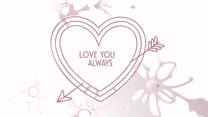 Monochrome minimalist heart and arrow design with love text and floral elements on white background