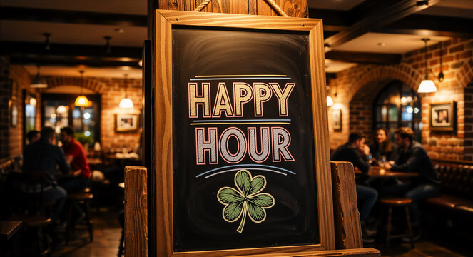 Happy hour chalkboard sign with a shamrock in a rustic Irish pub. Bar or restaurant special offer and promotion