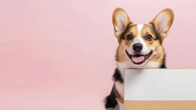 Smiling dog, likely Pembroke Welsh Corgi, wearing a white hat against pink background.