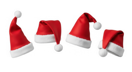 Four santa hats isolated on transparent background