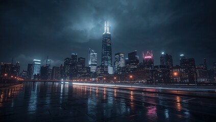 Obraz premium Nighttime cityscape featuring skyscrapers lights reflections and dramatic urban mood