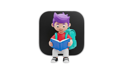 3D Cartoon Boy Reading a Book with Backpack on Black Background