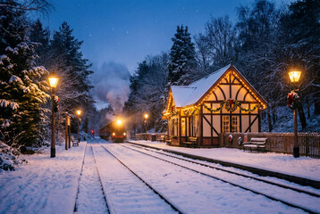 A vintage steam train approaches a charming, snow-covered station decorated for Christmas. A magical and nostalgic winter evening scene.