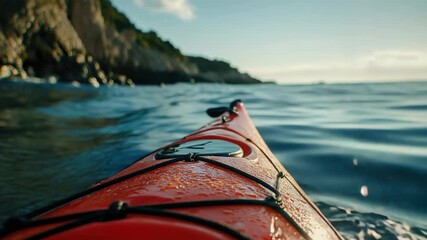 Red kayak resting on rocky shore of an ocean at sunset. Outdoor recreational activity for fitness and adventure.