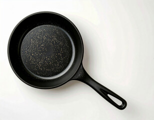 Contemporary design.  Cast iron pan. Kitchenware on white background. Top view.