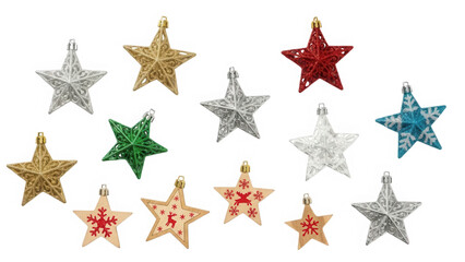 Collection of christmas star ornaments in various colors isolated on transparent background