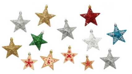 Collection of christmas star ornaments in various colors isolated on transparent background