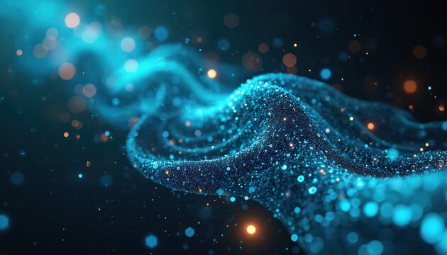 Abstract glowing particles form digital data stream wave. Complex network visualizes information flow connection. Futuristic background represents big data technology cyberspace, artificial - Powered by Adobe