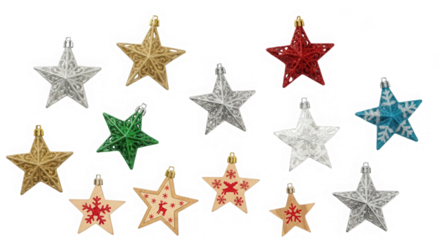 Collection of christmas star ornaments in various colors isolated on transparent background - Powered by Adobe