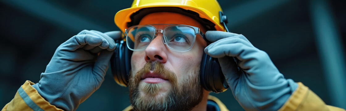 Worker in hard hat adjusts ear protection headphones. Man wears safety glasses and gloves, preparing for loud industrial work. Hearing defense for job safety.