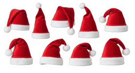 Collection of traditional santa hats isolated on transparent background