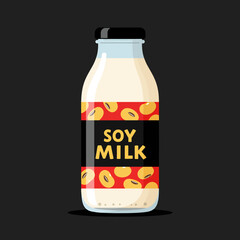 A bottle of soy milk with soybeans on the label.