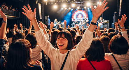 Happy young woman with hands up in the crowd at a live music concert. Enthusiastic Asian fan enjoying a rock band performance on stage