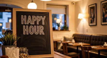 Happy hour sign on a chalkboard in a restaurant. Bar promotion for special drink and food offers in a cozy pub interior