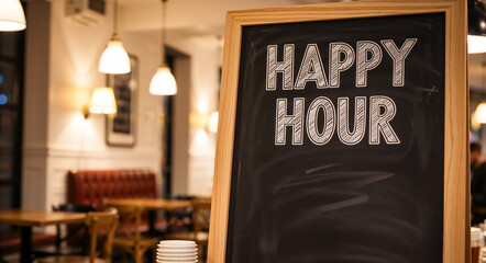 Happy hour promotion on a chalkboard sign in a restaurant. Bar menu with a special discount offer for drinks and food