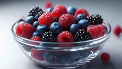Vibrant Assortment of Fresh Berries in a Clear Glass Bowl, Macro Focus