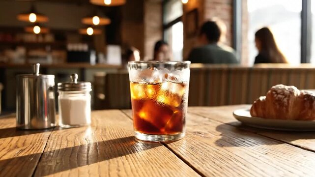 Iced Coffee On Cafe Table With Croissant Warm Lights And Relaxing Morning Coffeehouse Scene View