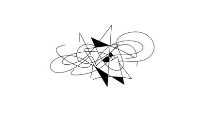 Complex geometric abstraction with chaotic linear and triangular forms on a stark white backdrop