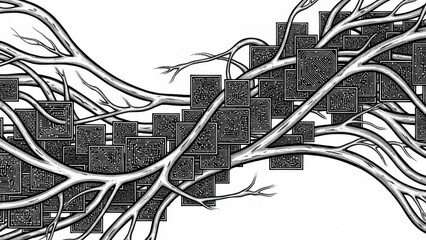 Monochrome illustration of circuit board motifs sprouting from a network of branches creating a