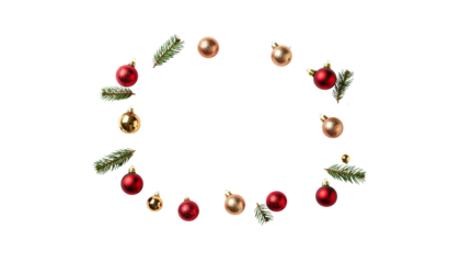Christmas frame with red and gold baubles and fir tree branches. Holiday border with ornaments for decoration, flat lay composition isolated on a transparent background with copy space for text.
