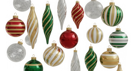 Various decorative christmas ornaments isolated on transparent background