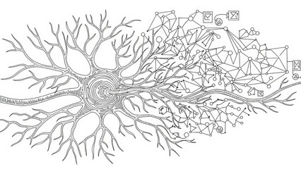 Interconnected networks artistic visualization, neural connections combined with digital schematic