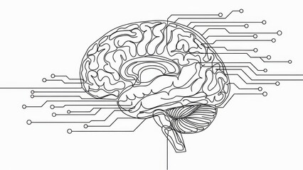 Digital brain interface design, a minimalist artwork showcasing the connection between human mind