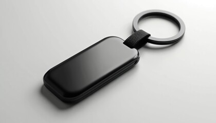 Sleek black rectangular keychain fob with metal ring, fabric strap. Blank object offers template for branding design logo mockups. Represents modern tech, smart access, security, personal identity,