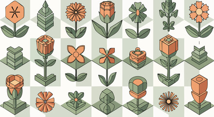 Modern isometric botanical pattern with abstract green and orange flowers vector seamless tile graphic nature abstract block design minimal