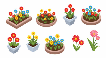 Isometric cartoon flower pots and individual blossoms set garden plants nature decor vector colorful flat