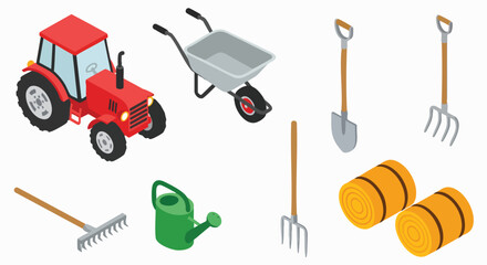 Isometric farm and garden tools equipment set agriculture collection Tractor Wheelbarrow Shovel Rake Wateringcan Haybale Rural Farming Cultivation Harvest