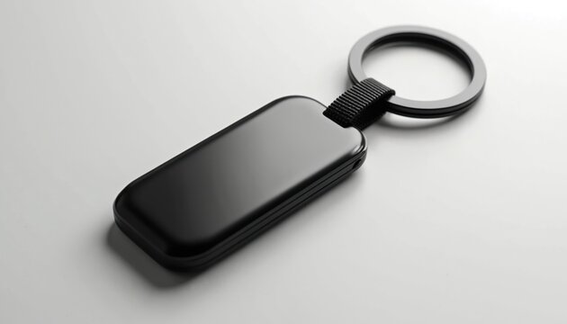 Sleek black rectangular keychain fob with metal ring, fabric strap. Blank object offers template for branding design logo mockups. Represents modern tech, smart access, security, personal identity,