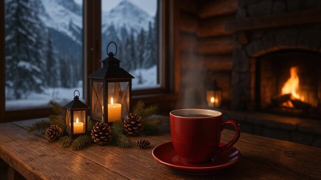 A cozy winter cabin scene with a red coffee cup, glowing lanterns, and a warm fireplace by a snowy mountain window, creating a calm and inviting atmosphere.