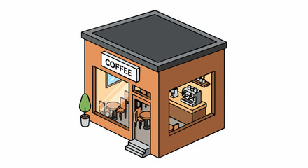 Simple isometric coffee shop illustration with detailed interior cafe business architecture vector lineart isolated