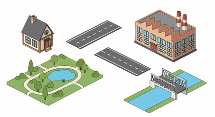 Isometric cartoon city town elements vector illustration kit house factory road park bridge pond building