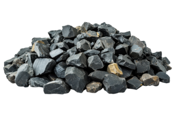 Pile of jagged black basalt landscaping rocks with a few golden brown accents on transparent background