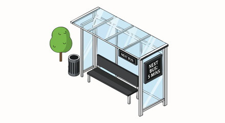 Isometric vector bus stop shelter public transport concept illustration City Urban Street Waiting Sign Tree Trashcan